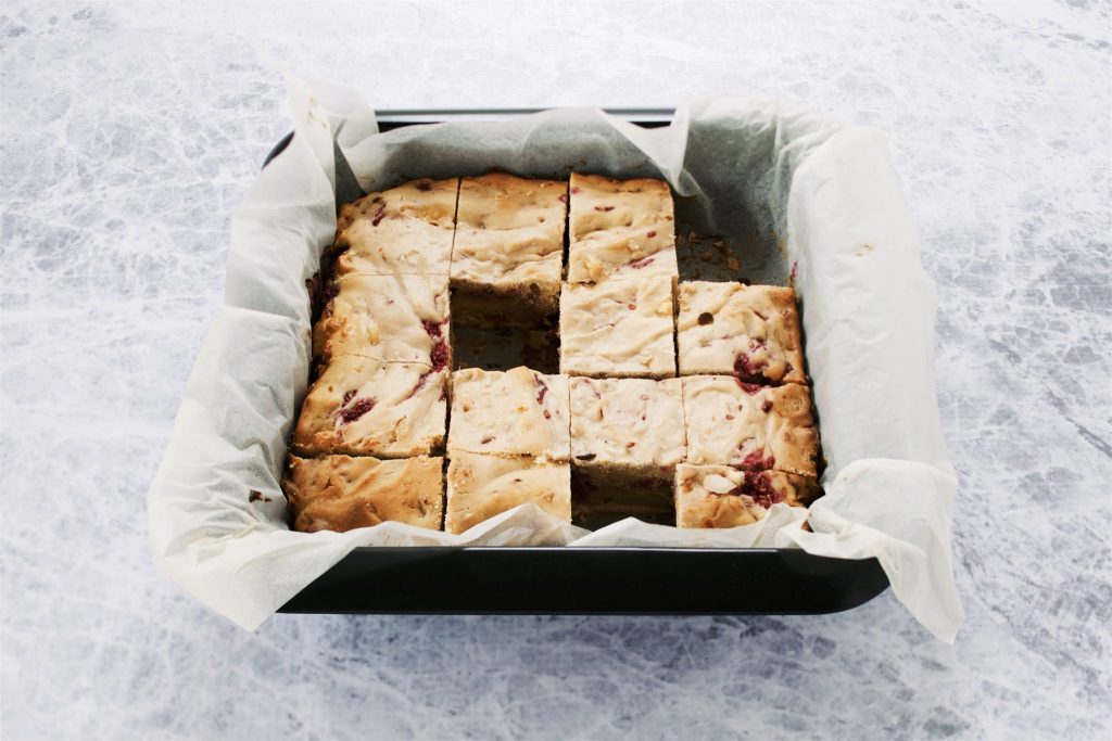 Vegan Raspberry and Macadamia Blondies