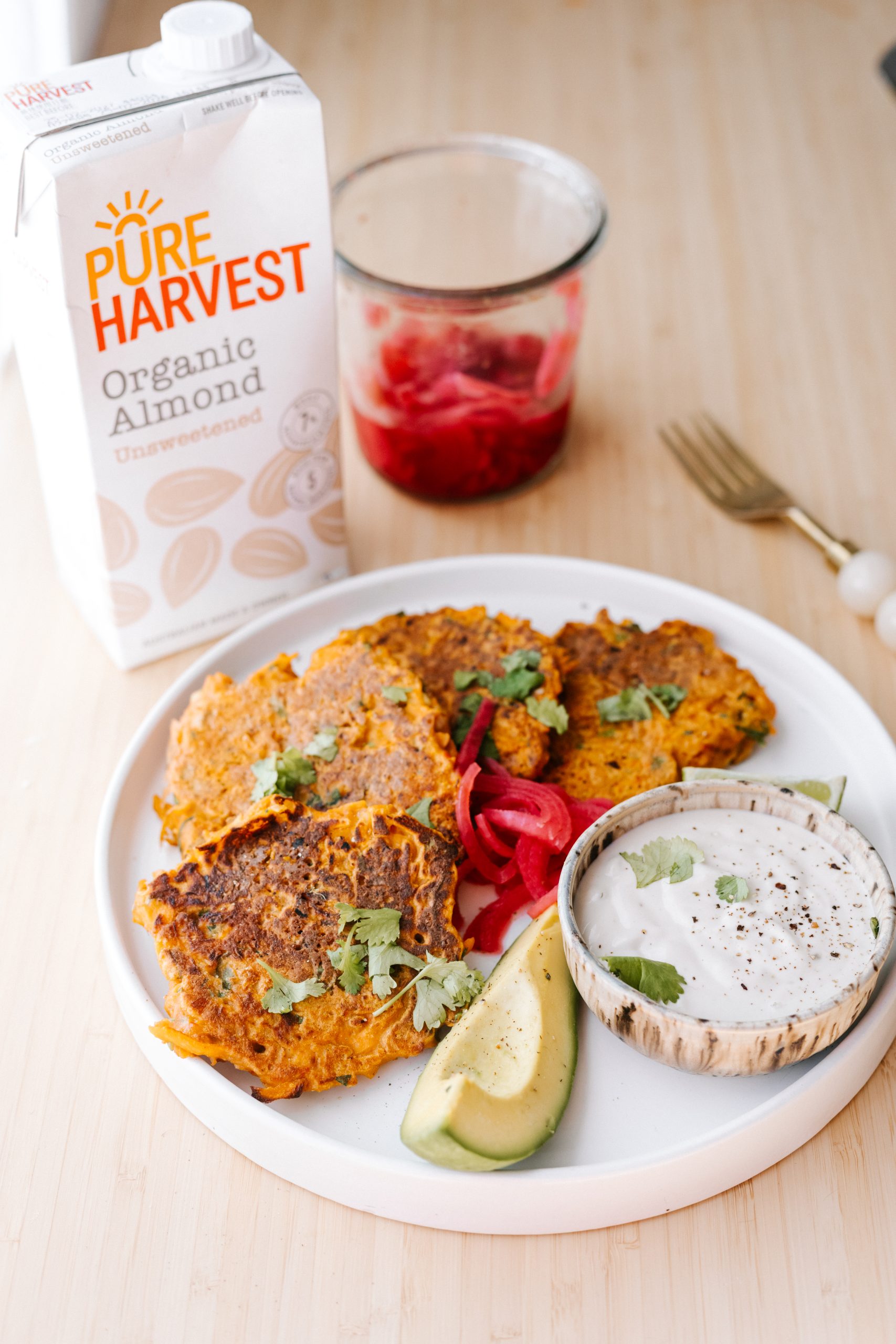 harissa-spiced-carrot-fritters-with-almond-tahini-yoghurt-sauce